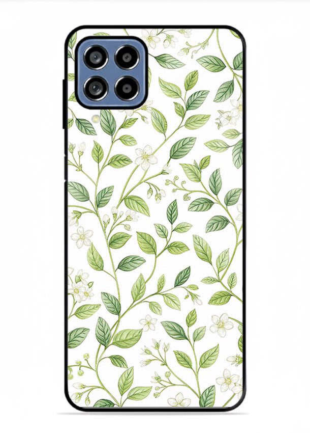 Green leaf wallpaper artwork on Samsung M33 5G glass back cover with minimal botanical tones.