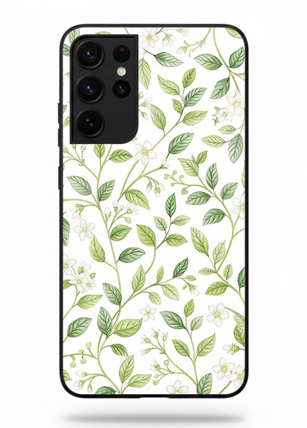 Green leaf wallpaper artwork on Samsung S21 Ultra glass back cover with minimal botanical tones.