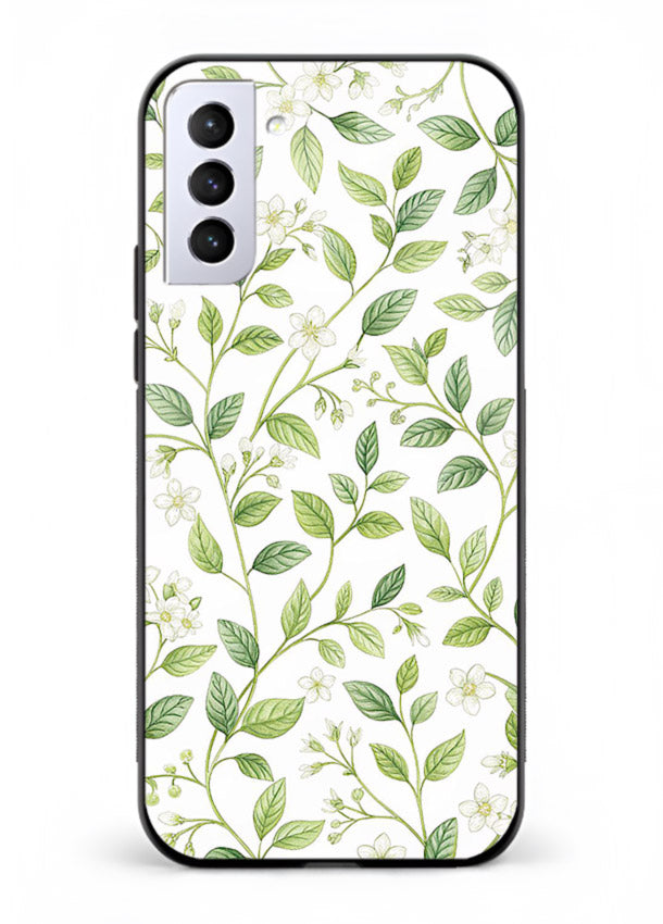 Green leaf wallpaper artwork on Samsung S21 FE glass back cover with minimal botanical tones.