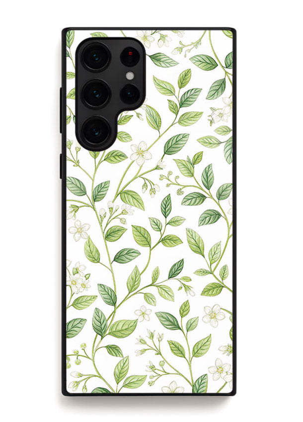 Green leaf wallpaper artwork on Samsung S25 Ultra glass back cover with minimal botanical tones.