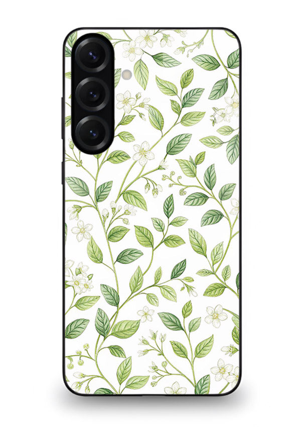 Green leaf wallpaper artwork on Samsung A54 5G glass back cover with minimal botanical tones.