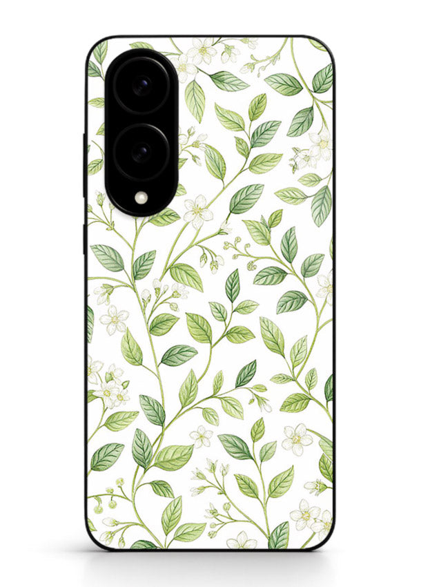 Green leaf wallpaper artwork on Samsung S25 Edge glass back cover with minimal botanical tones.