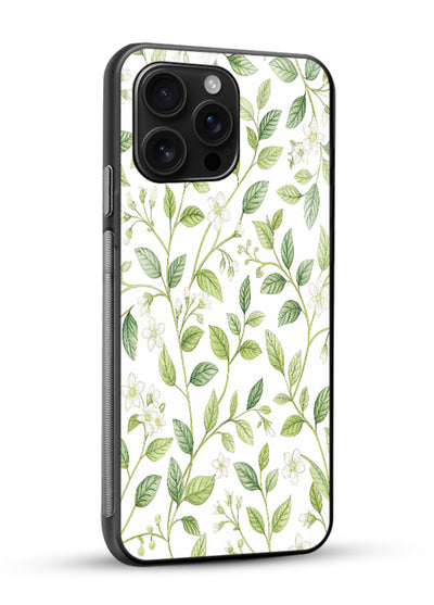 Green leaf wallpaper artwork on glossy vibrant premium glass back cover with minimal botanical tones. - Angle Side