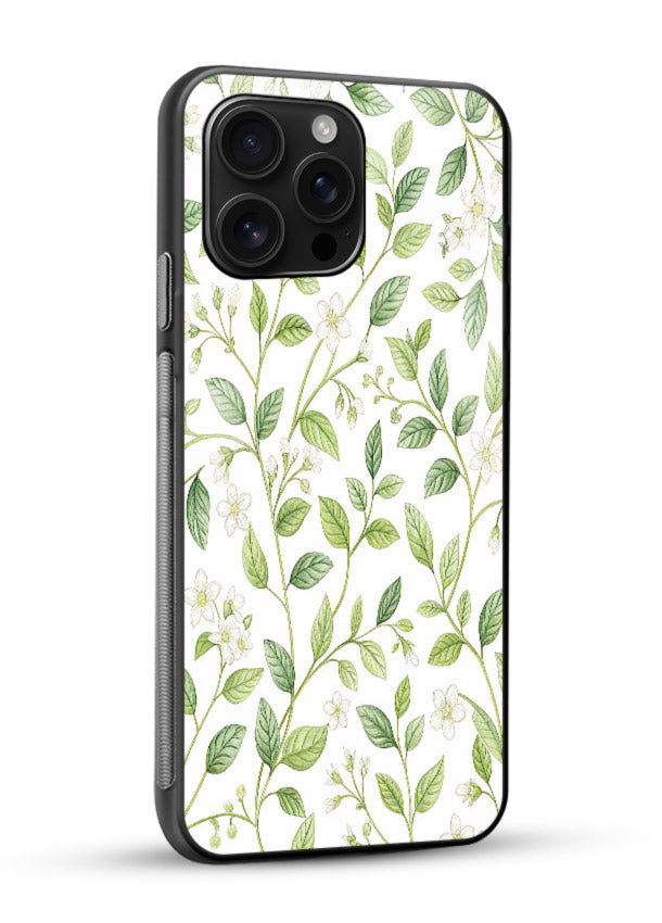 Green leaf wallpaper artwork on glossy vibrant premium glass back cover with minimal botanical tones. - Angle Side