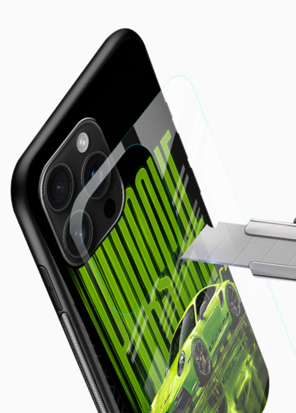 Green Porsche Racer glass back cover with neon green sports car on black background - 4