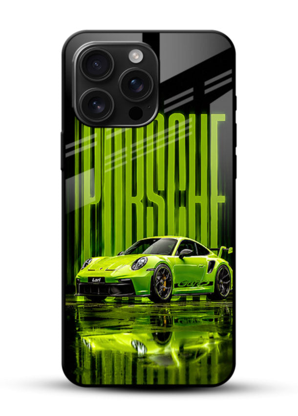 Green Porsche Racer glass back cover with neon green sports car on black background - 1