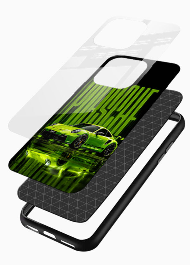 Green Porsche Racer glass back cover with neon green sports car on black background - 3
