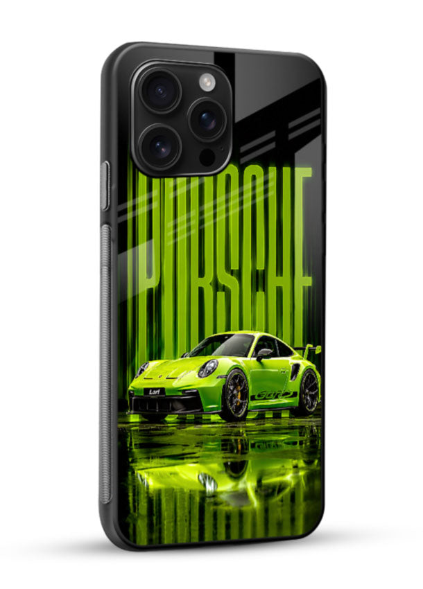 Green Porsche Racer glass back cover with neon green sports car on black background - 2