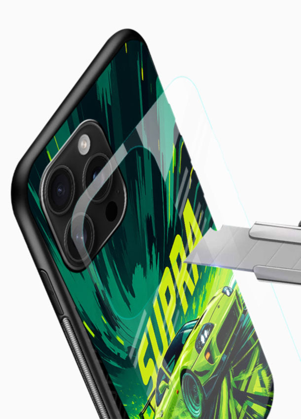 Green Supra Racer glass back cover with neon green Toyota Supra design - 4