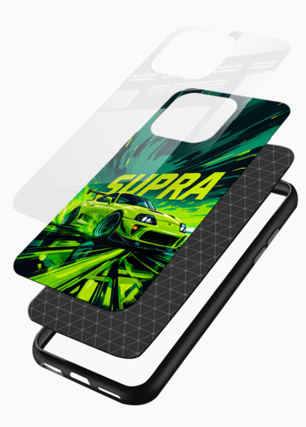Green Supra Racer glass back cover with neon green Toyota Supra design - 3