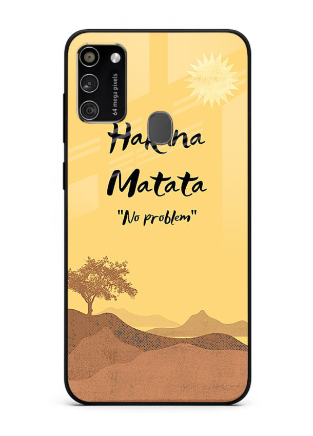 Warm sunset carefree message printed on Samsung M21 glass back cover with bright tones.