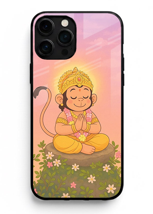 Cute Baby Hanuman art iphone 13 pro max devotional glass back cover cartoon style
