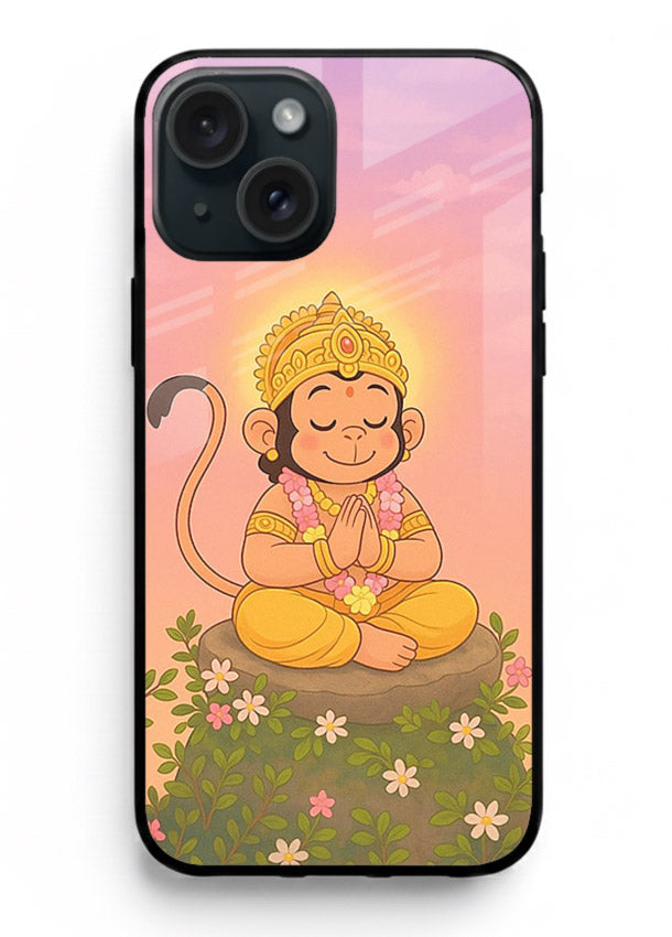 Cute Baby Hanuman art iphone 14 plus devotional glass back cover cartoon style