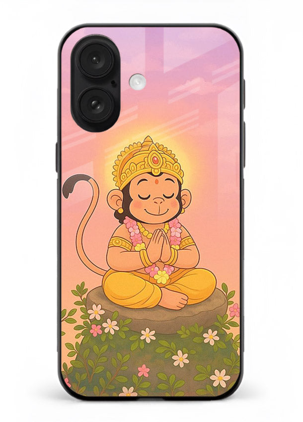 Cute Baby Hanuman art iphone 16 devotional glass back cover cartoon style