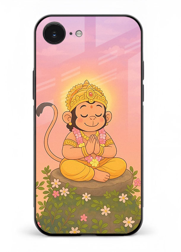 Cute Baby Hanuman art iphone 16e devotional glass back cover cartoon style