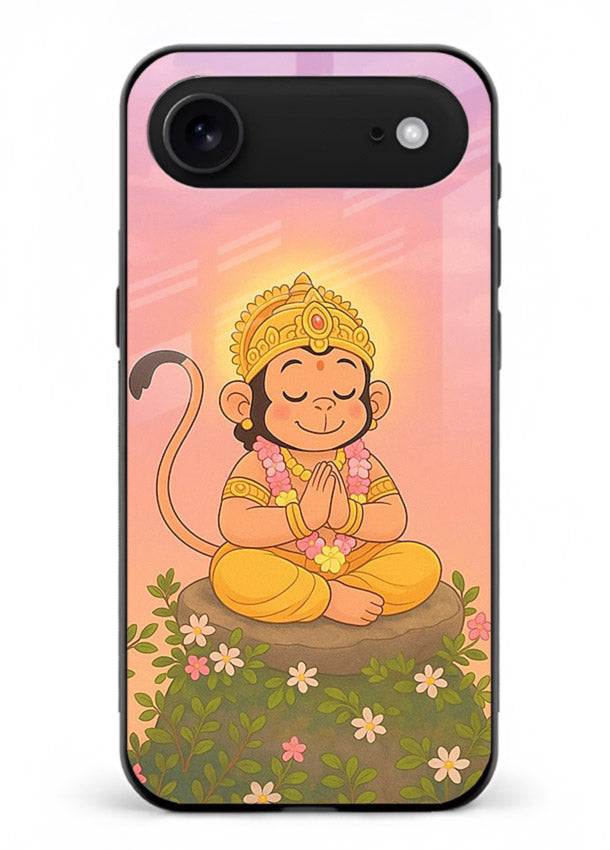 Cute Baby Hanuman art iphone 17 air devotional glass back cover cartoon style