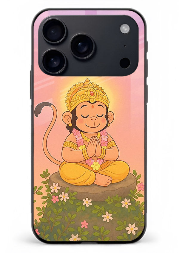 Cute Baby Hanuman art iphone 18 pro max devotional glass back cover cartoon style