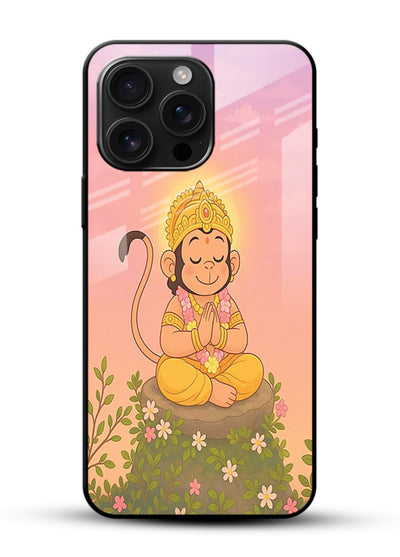Cute Baby Hanuman art glossy vibrant premium devotional glass back cover cartoon style - Angle Front