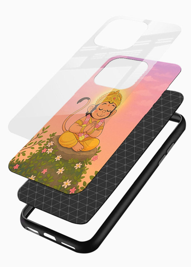 Cute Baby Hanuman art glossy vibrant premium devotional glass back cover cartoon style - Angle Layers