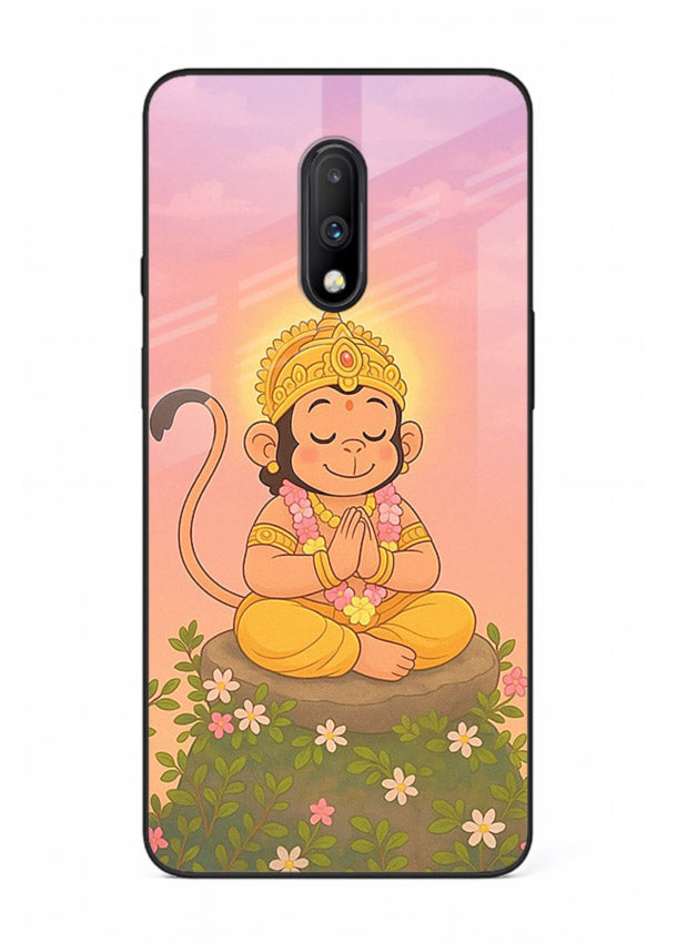 Cute Baby Hanuman art OnePlus 7 devotional glass back cover cartoon style
