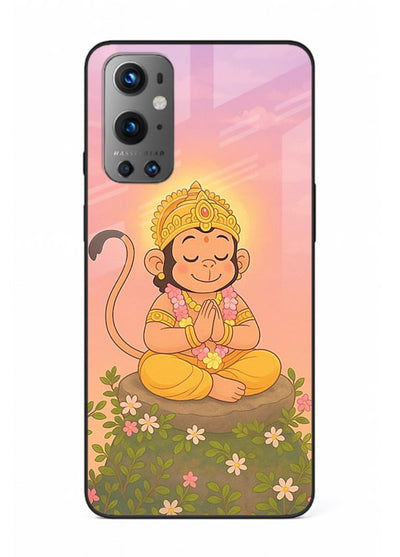 Cute Baby Hanuman art OnePlus 9 devotional glass back cover cartoon style