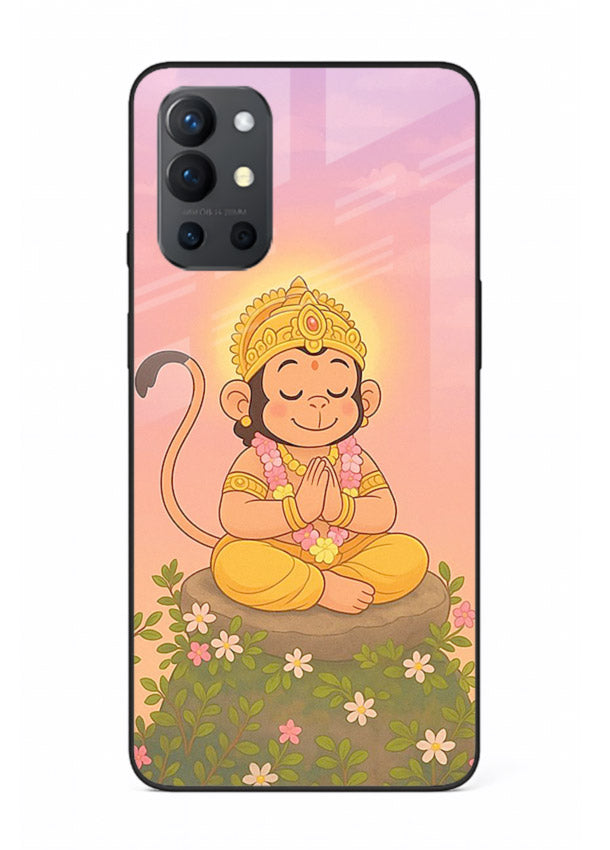 Cute Baby Hanuman art OnePlus 9R devotional glass back cover cartoon style