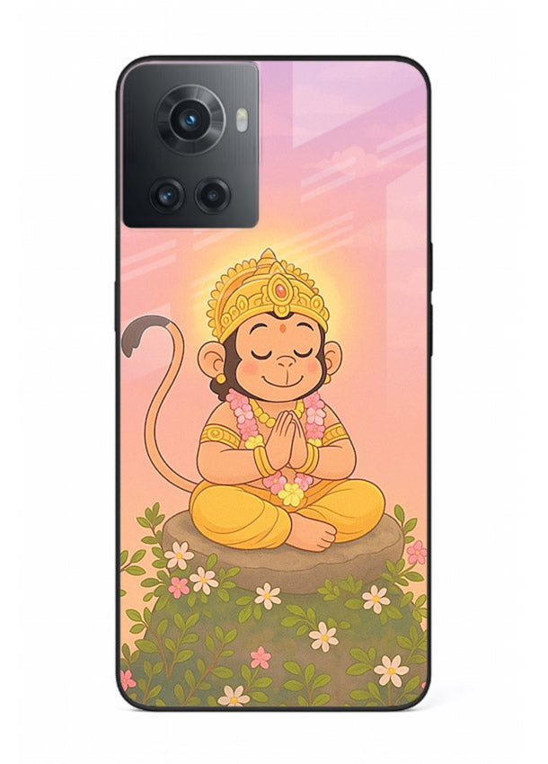 Cute Baby Hanuman art OnePlus 10R devotional glass back cover cartoon style