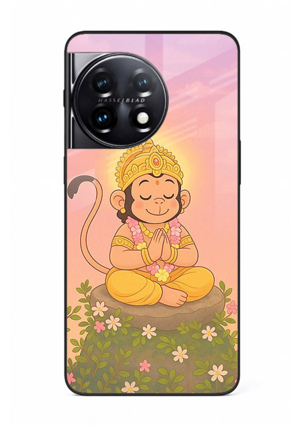 Cute Baby Hanuman art OnePlus 11R devotional glass back cover cartoon style