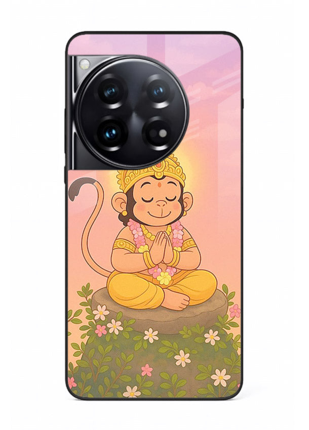 Cute Baby Hanuman art OnePlus 12 devotional glass back cover cartoon style