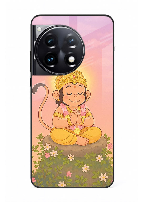 Cute Baby Hanuman art OnePlus 12R devotional glass back cover cartoon style