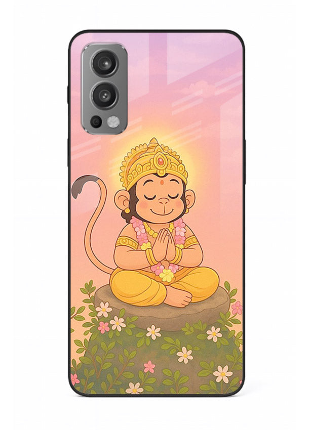 Cute Baby Hanuman art OnePlus Nord 2 devotional glass back cover cartoon style
