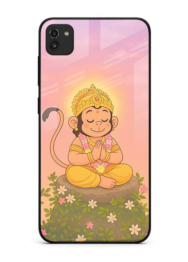 Cute Baby Hanuman art Samsung A03 devotional glass back cover cartoon style
