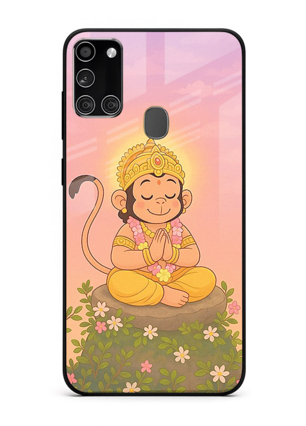 Cute Baby Hanuman art Samsung A21s devotional glass back cover cartoon style