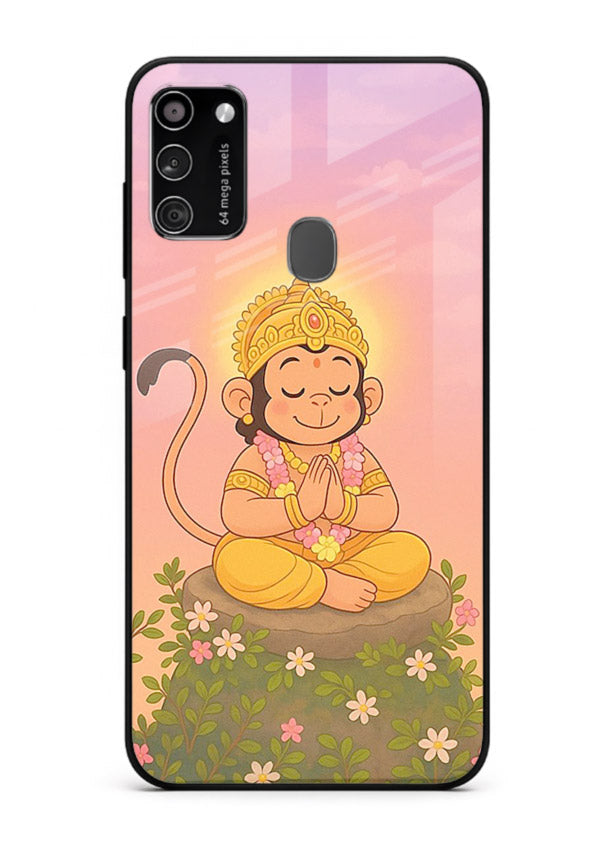 Cute Baby Hanuman art Samsung M30s devotional glass back cover cartoon style