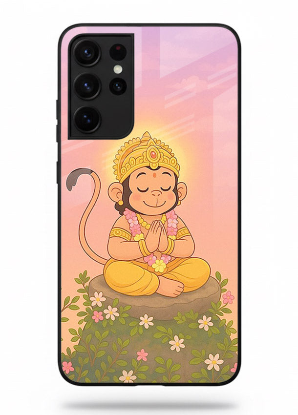 Cute Baby Hanuman art Samsung S21 Ultra devotional glass back cover cartoon style