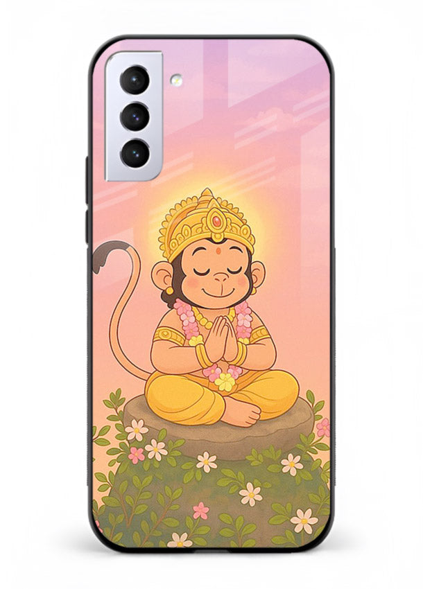 Cute Baby Hanuman art Samsung S21 Plus devotional glass back cover cartoon style