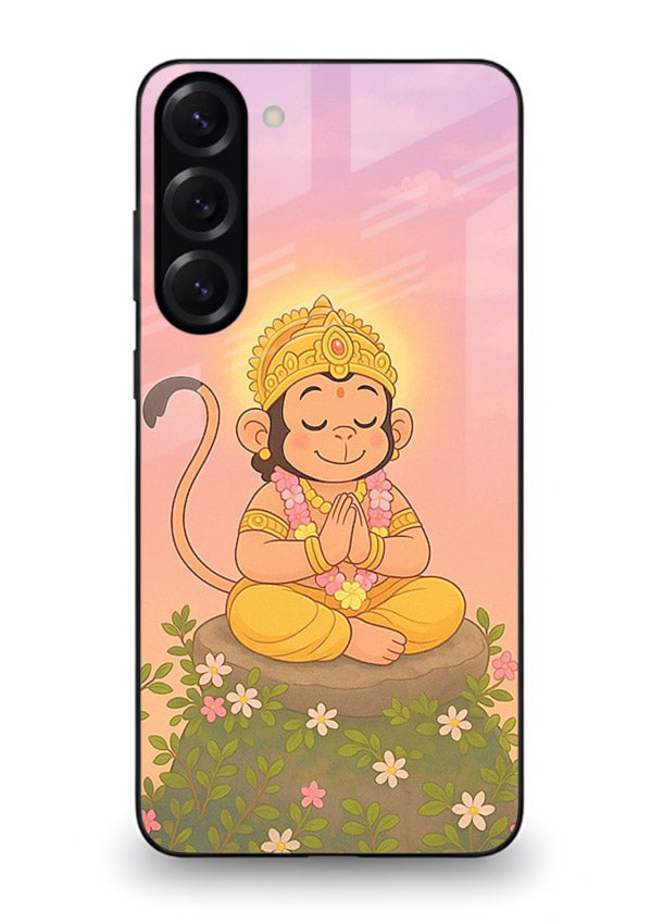 Cute Baby Hanuman art Samsung S23 devotional glass back cover cartoon style