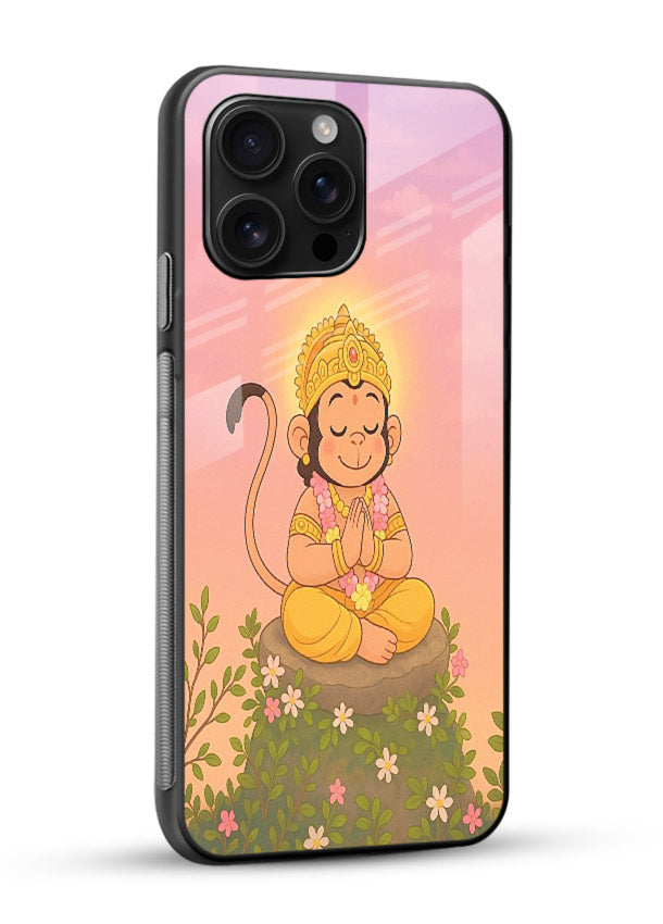 Cute Baby Hanuman art glossy vibrant premium devotional glass back cover cartoon style - Angle Side