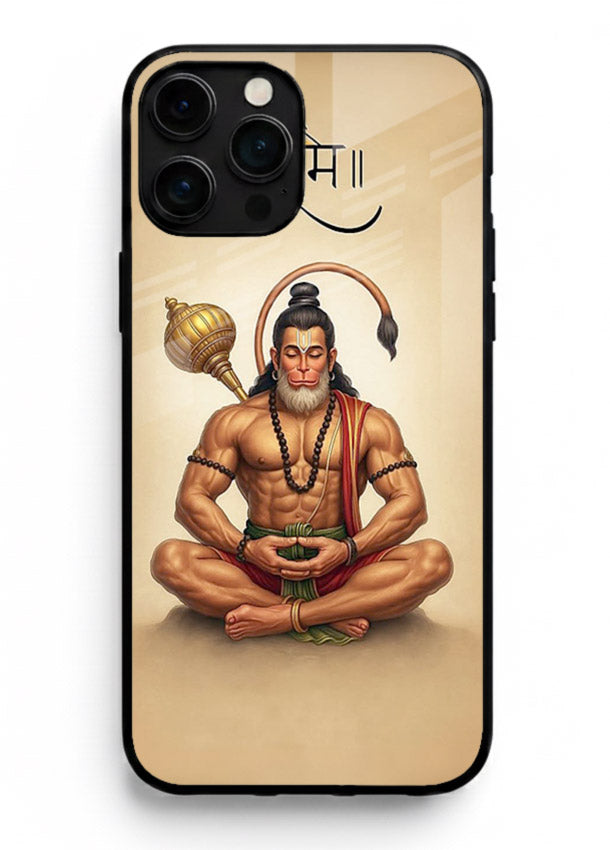 Lord Hanuman meditation pose iphone 14 pro max glass back devotional calm cover