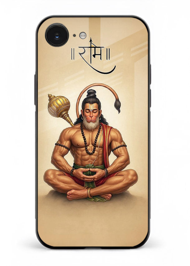 Lord Hanuman meditation pose iphone 16e glass back devotional calm cover