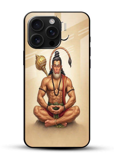 Lord Hanuman meditation pose glossy vibrant premium glass back devotional calm cover - Angle Front