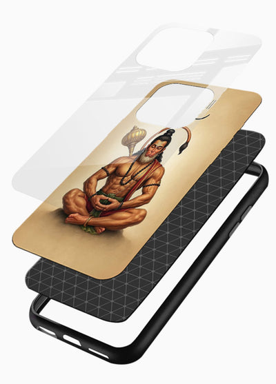 Lord Hanuman meditation pose glossy vibrant premium glass back devotional calm cover - Angle Layers