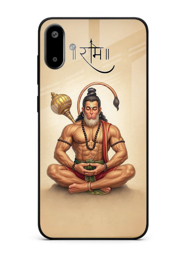 Lord Hanuman meditation pose Samsung F06 5G glass back devotional calm cover