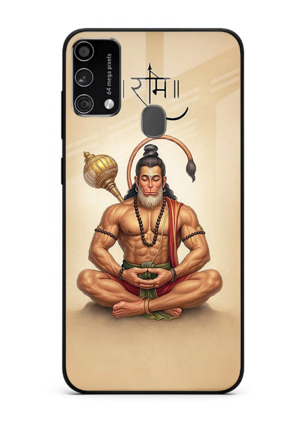 Lord Hanuman meditation pose Samsung F41 glass back devotional calm cover