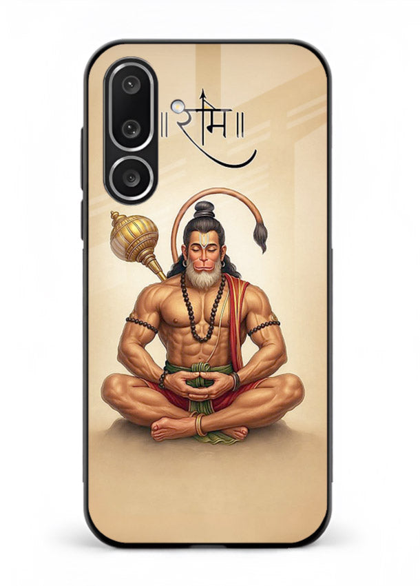 Lord Hanuman meditation pose Samsung M36 5G glass back devotional calm cover