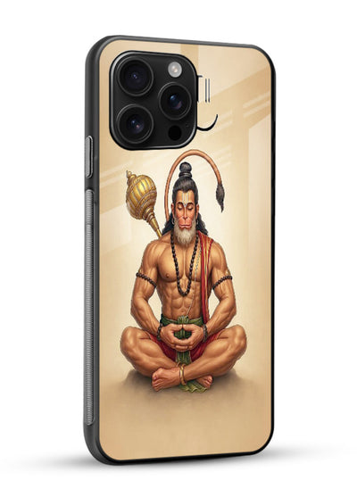 Lord Hanuman meditation pose glossy vibrant premium glass back devotional calm cover - Angle Side