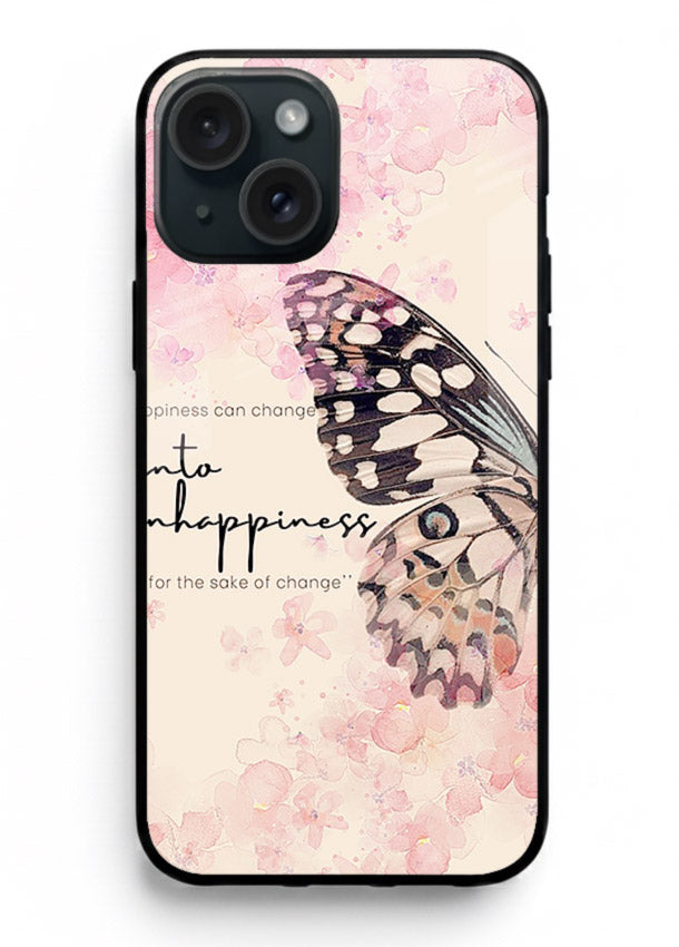 Butterfly floral artwork printed on iphone 13 glass back cover with uplifting movement.