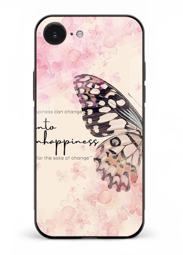 Butterfly floral artwork printed on iphone 16e glass back cover with uplifting movement.