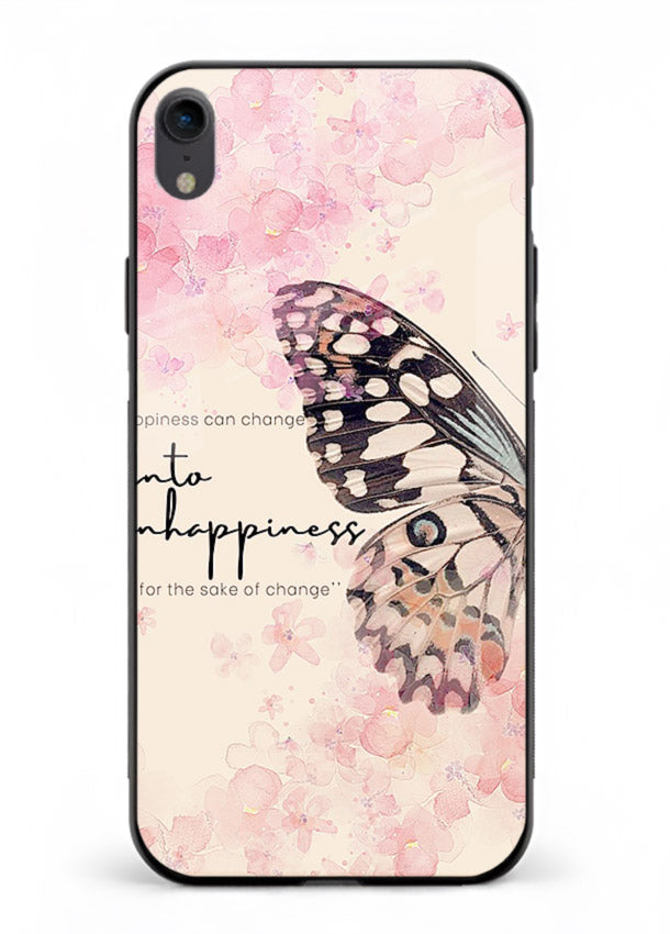 Butterfly floral artwork printed on iphone xr glass back cover with uplifting movement.