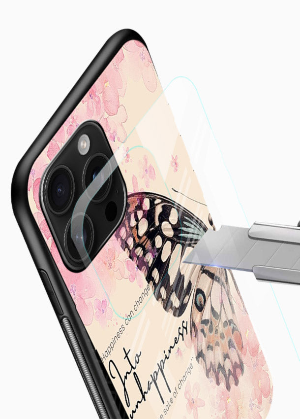Butterfly floral artwork printed on glossy vibrant premium glass back cover with uplifting movement. - Angle Blade